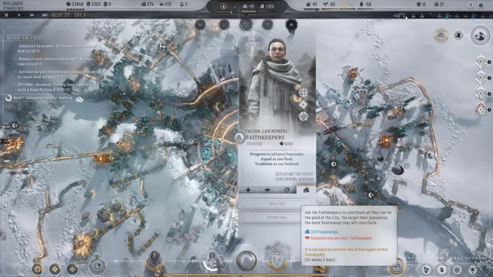 View of Faithkeeper Raise Funds Option and Factions Screen in Frostpunk 2