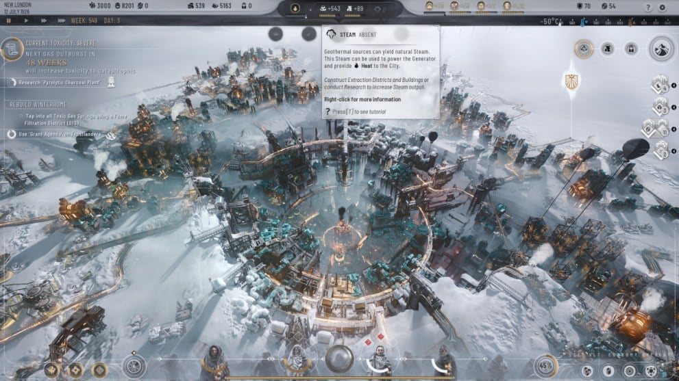 View of New London With Surplus Resources and Low Tension in Frostpunk 2