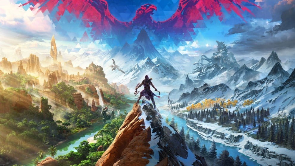 Character Looking Out at Landscape From Mountain in Horizon Call of the Mountain Key Art (Best PS5 Exclusives)