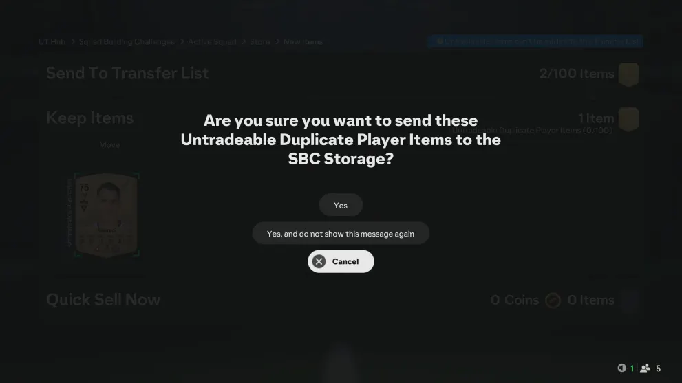 the message asking if you want to send a player to duplicate storage in EA FC 25