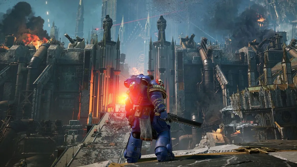 Solo Space Marine Staring Out at City in Space Marine 2