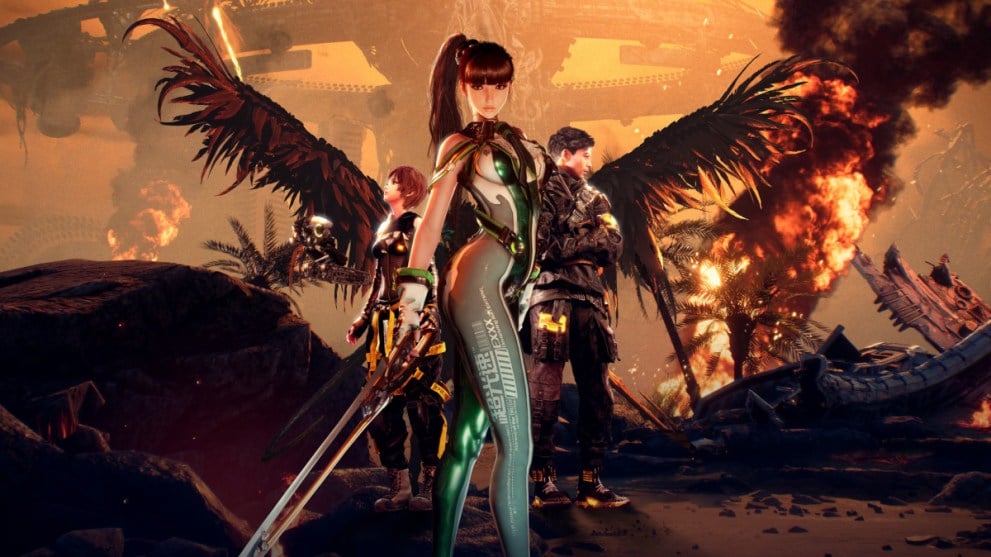 Stellar Blade Eve, Adam, and Lily Posing Together in Front of Wreckage (Best PS5 Exclusives)