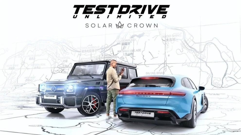 Test Drive Unlimited Solar Crown Key Art of Driver Between Two Cars With Map in Background