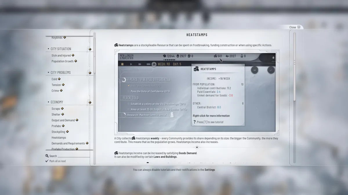 View of Heatstamps Tutorial Screen in Frostpunk 2