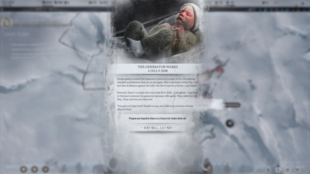 View of Newborn Lily May in Frostpunk 2