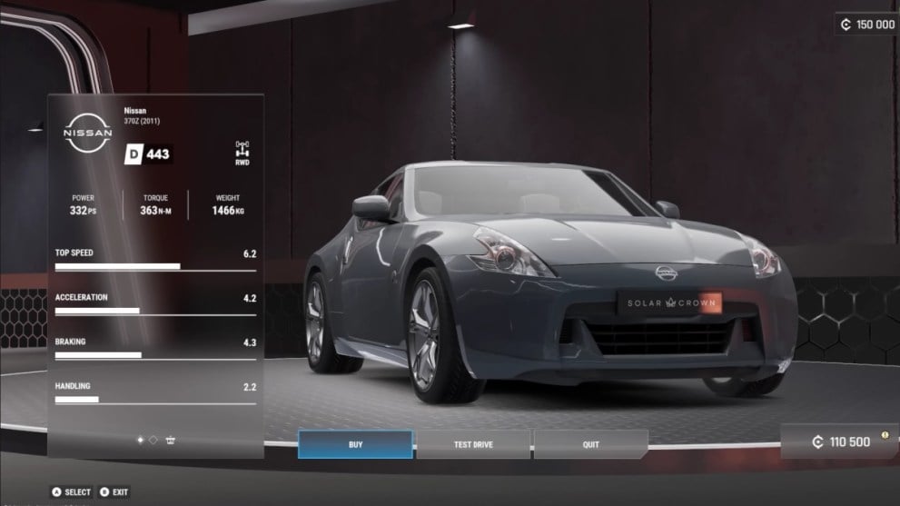 View of Nissan 370Z Best Starting Car in Garage in Test Drive Unlimited Solar Crown