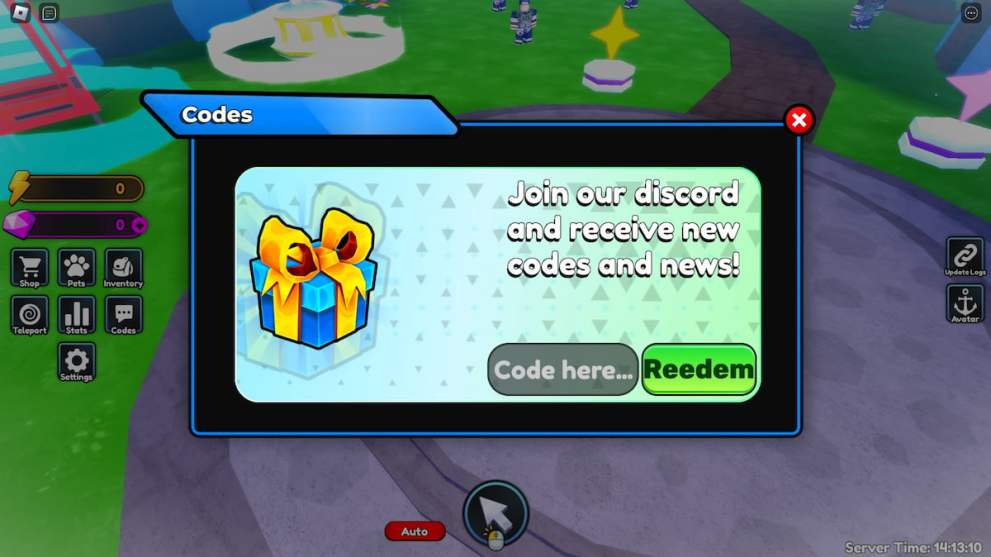 Codes redemption menu in Anime Blast Simulator