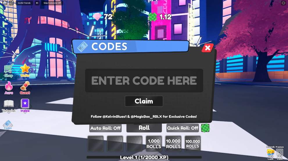 Codes redemption menu in Anime RNG Tower Defense Roblox experience