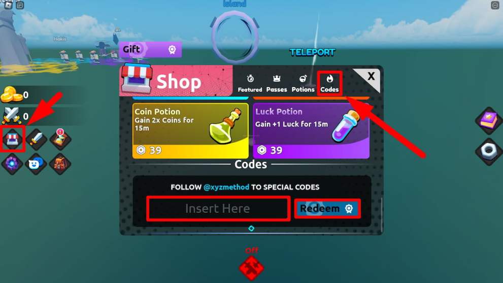 Codes redemption menu in the Anime Saga Simulator Roblox experience