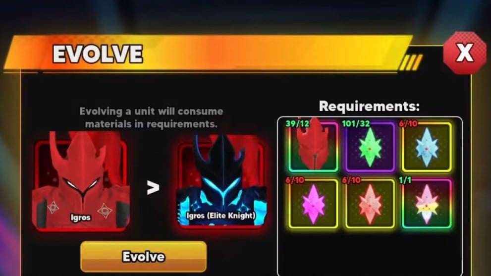 Anime Vanguards Igros Evolution Requirements