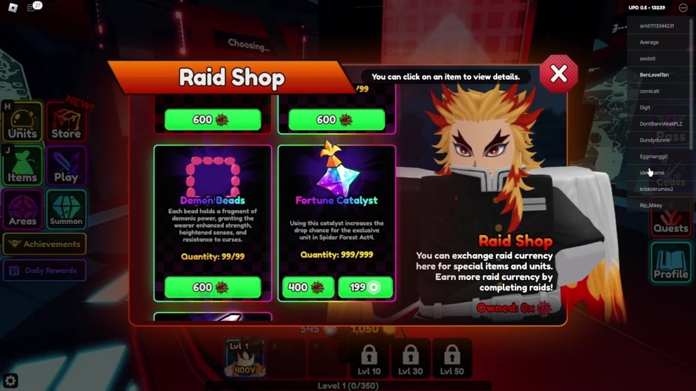 The Anime Vanguards Raid Shop where you can buy the Fortune Catalyst for 400 Red Webs or 199 Robux