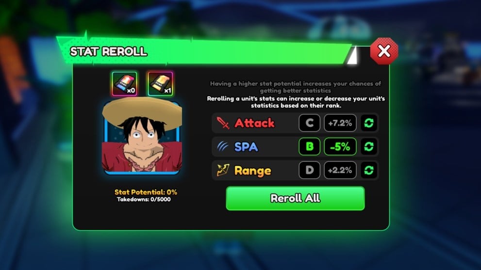 Stats reroll screen in Anime Vanguards