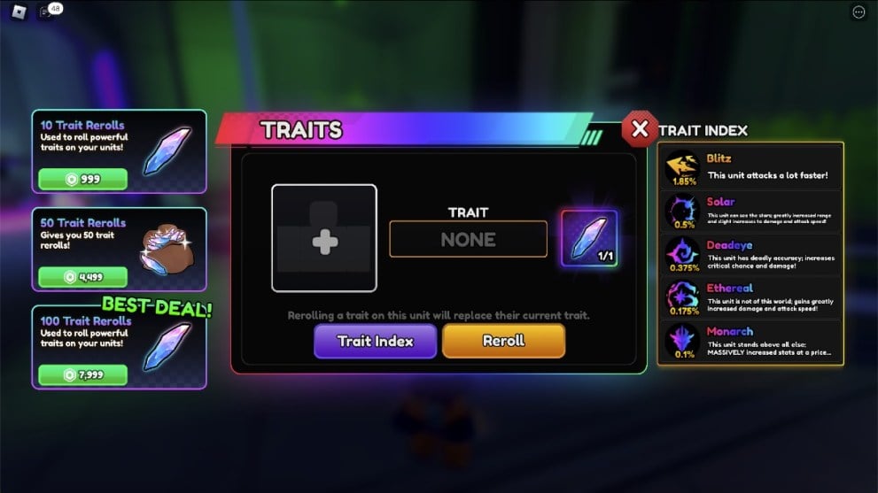 The trait reroll menu in Anime Vanguards.