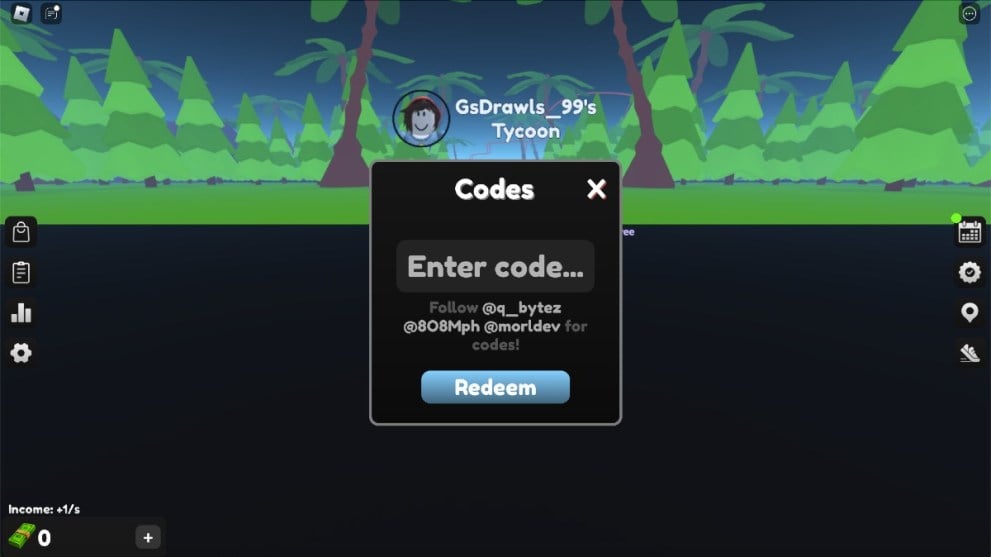 The code redemption screen in Boss Tycoon.