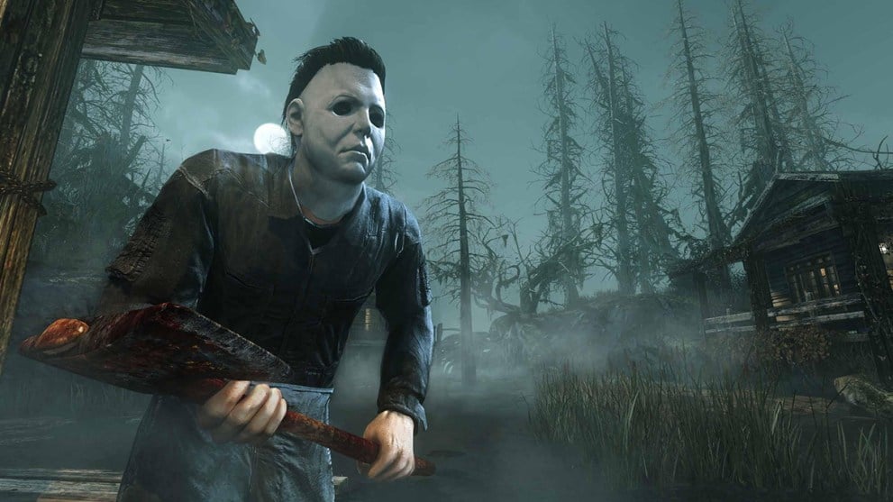 Call of Duty Michael Myers holding an axe with trees covered with mist in the background