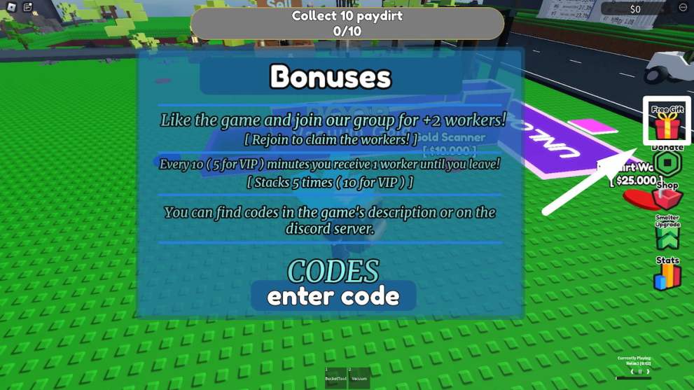 Codes redemption menu in Gold Rush Roblox experience