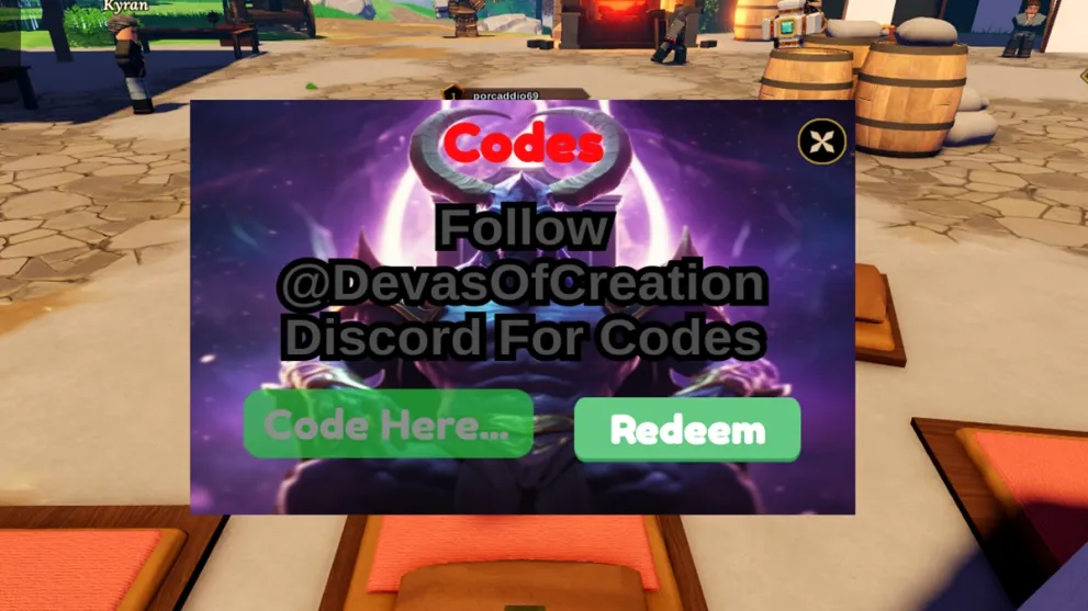 The code redemption screen in Devas of Creation.