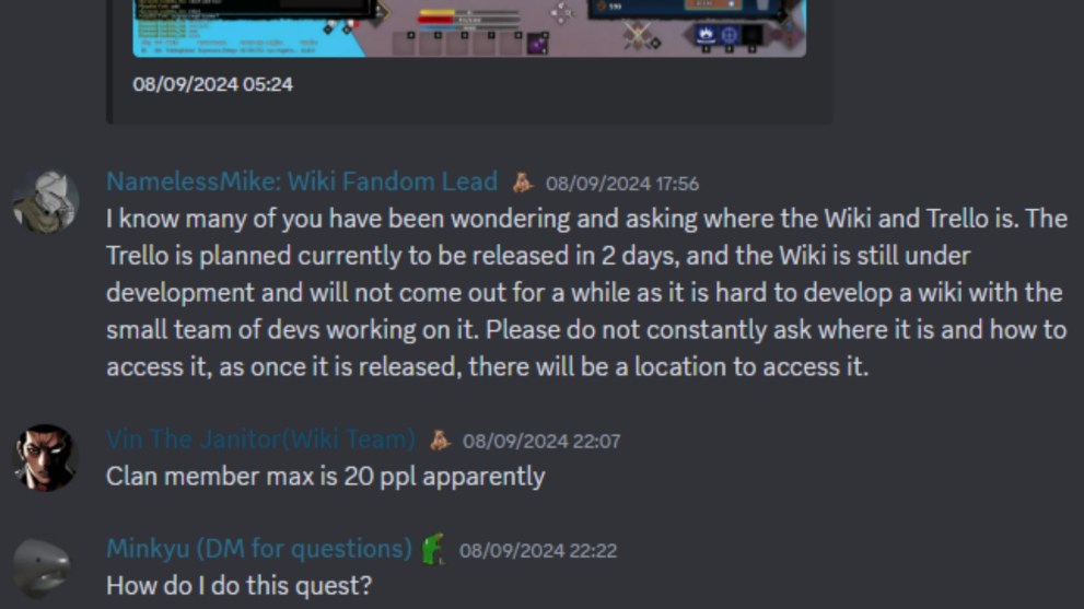 The status of the Devas of Creation Trello on the game's Discord server