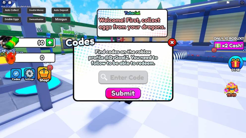 Codes redemption menu in Dragon Merge Tycoon Roblox experience