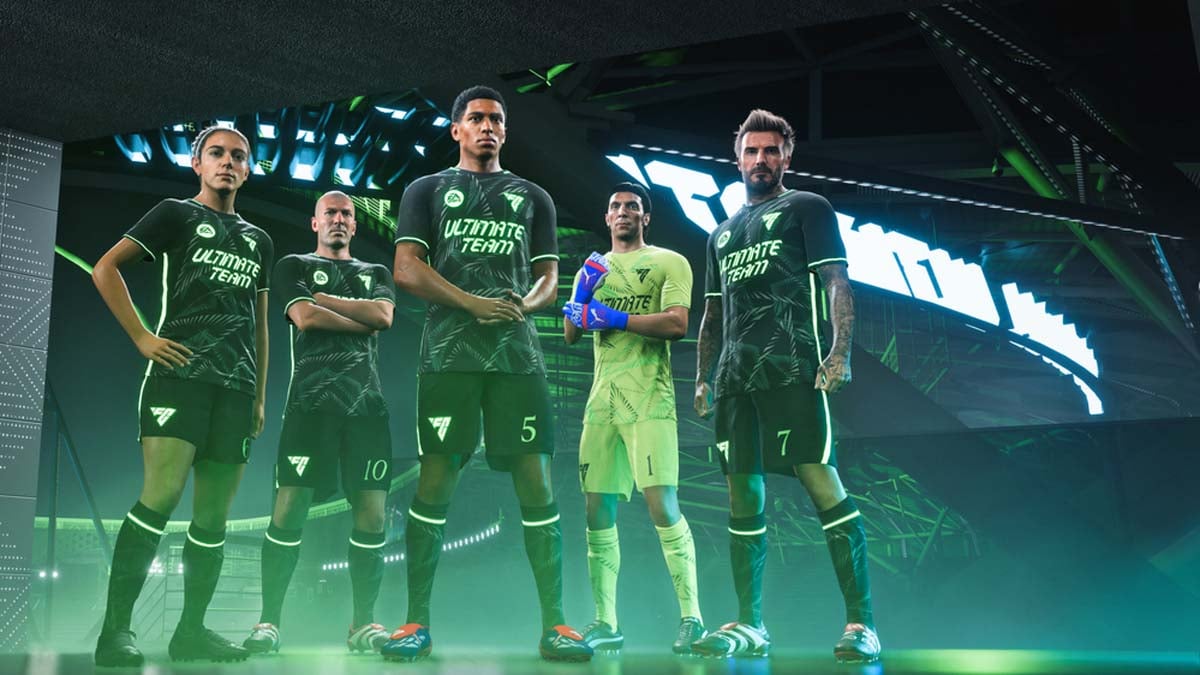 Image of EA Sports FC 25 players standing on black and green background