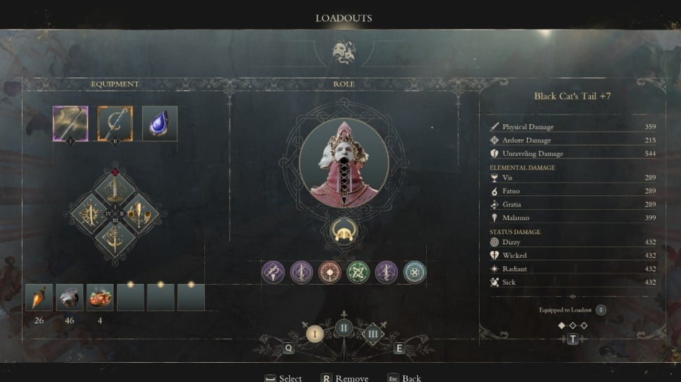 Enotria: The Last Song character loadout and build screen