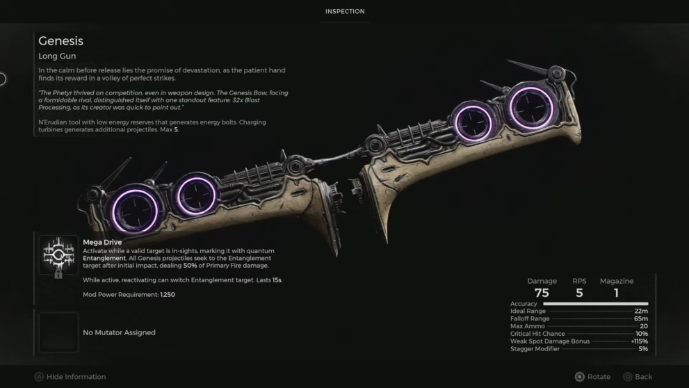 Remnant 2 DLC weapon gensis bow and arrow inspect screen