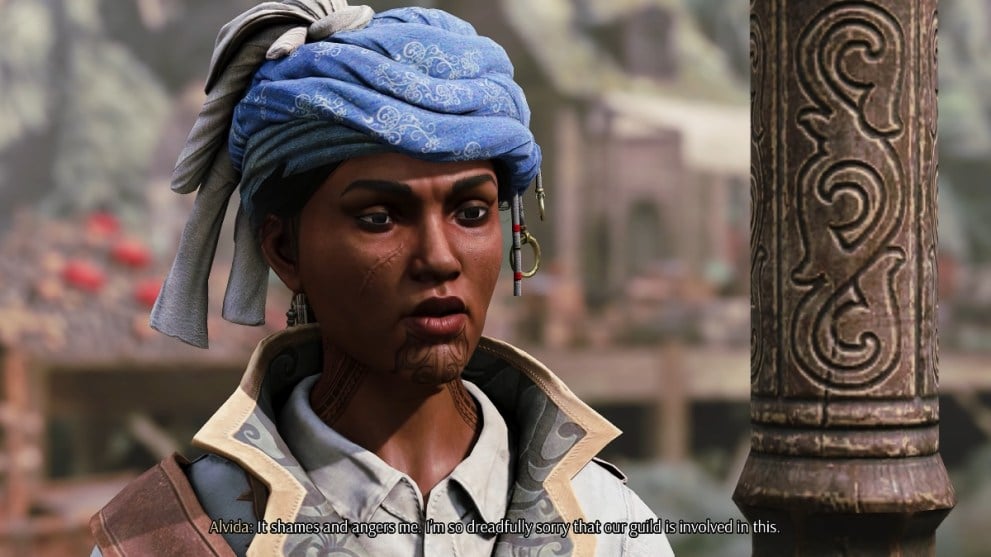 Greedfall 2 companion alvida woman wearing turbon and has face tattoos on jaw