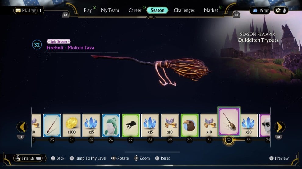 The Firebolt - Molten Lava broom in Harry Potter: Quidditch Champions, one of the Season level rewards