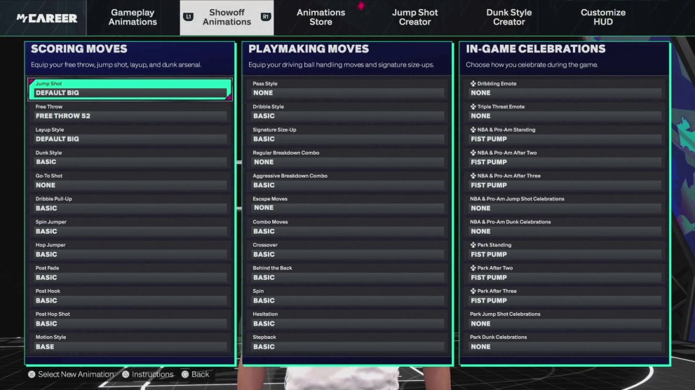 Menus inside the Animations tab in NBA 2K25