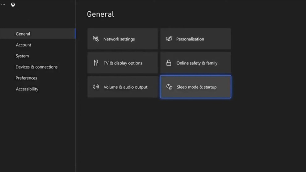 Settings screen on Xbox