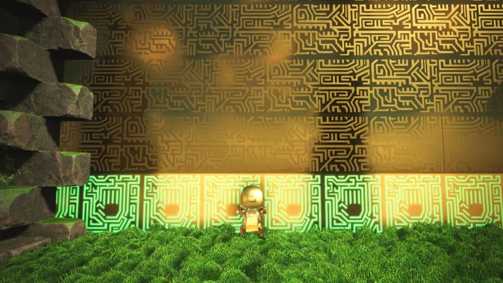 Astro Bot pushing on the green tile of a golden door.