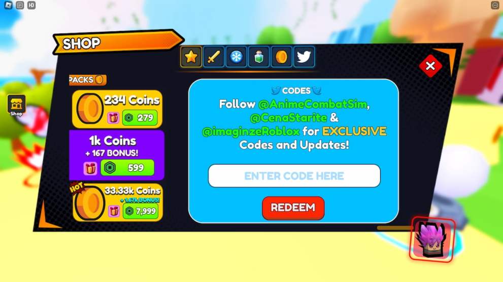 Codes redemption menu in Anime Slashing Simulator Roblox experience