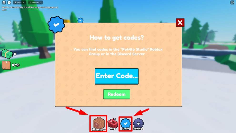 Codes redemption menu in Custom Car Tyooon Roblox experience