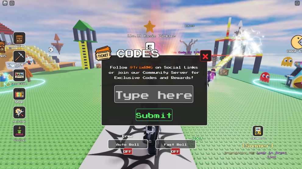 Codes redemption menu in Mining RNG Roblox experience