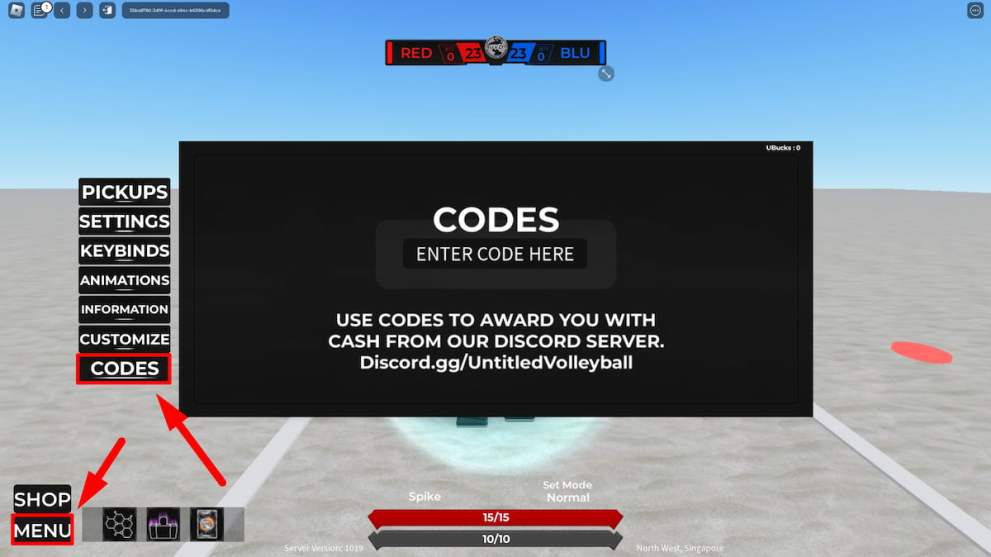 Codes redemption menu in Untitled Volleyball Roblox experience