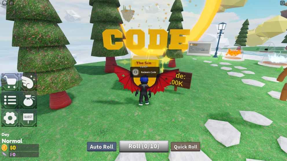 Codes redemption menu in the Wings RNG Roblox experience