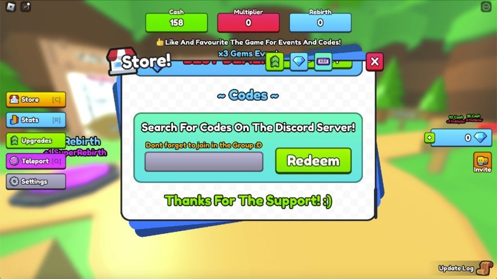 The code redemption screen in Insane Button Simulator.