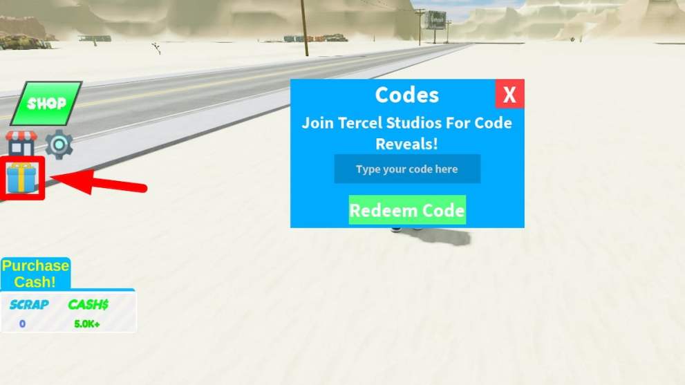 Codes redemption menu in Junkyard Tycoon Roblox exeprience