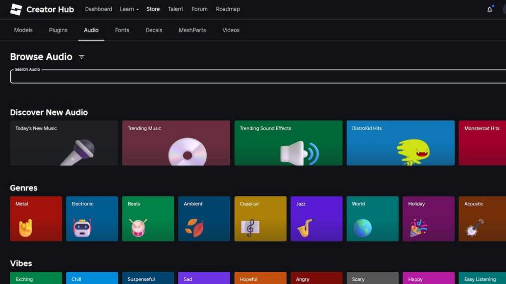 Roblox Create store showing sound categories