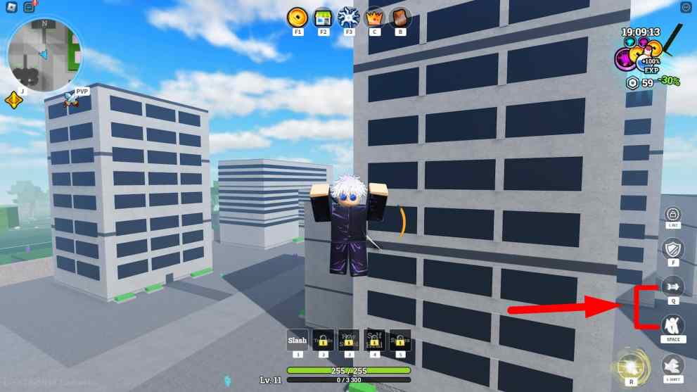 Player climbing a building in Lost Souls Roblox experience