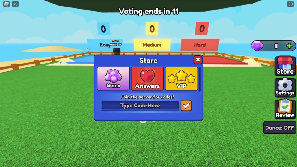 The code redemption screen in Math Tower Race.