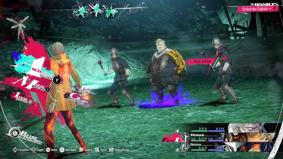 Gameplay of the Captain Klinger boss fight in Metaphor: ReFantazio, selecting the Mage Soldier first to beat him more easily