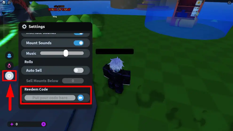 Codes redemption menu in Mount RNG Roblox experience