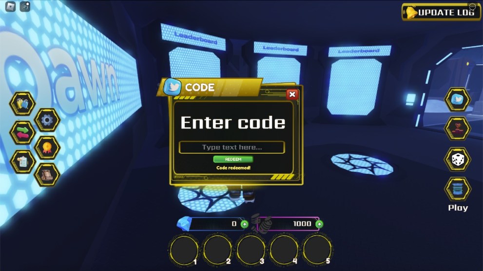 The code redemption screen in Murder Drones Tower Defense.