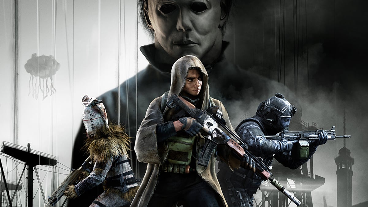 MW3 Operators posing with weapons while Michael Myers watches over them in the background