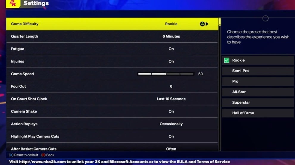 NBA 2K25 difficulty settings and other settings for MyCareer