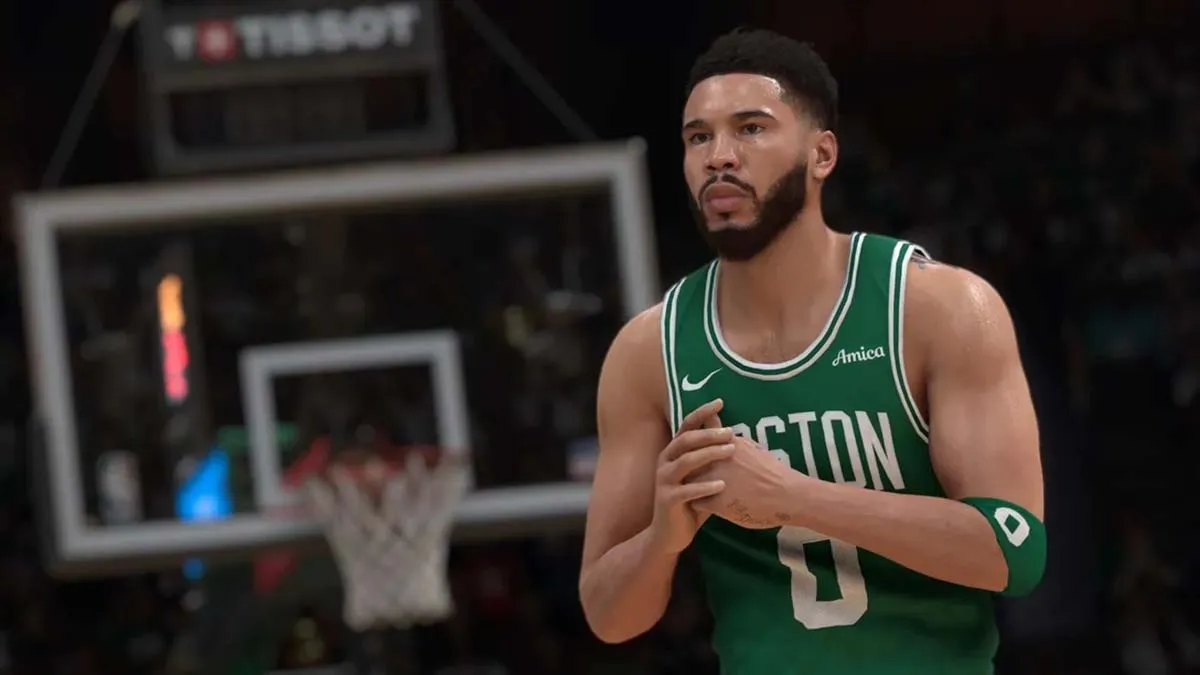 Image of NBA 2K25 Boston Celtics player with basketball hoop in background