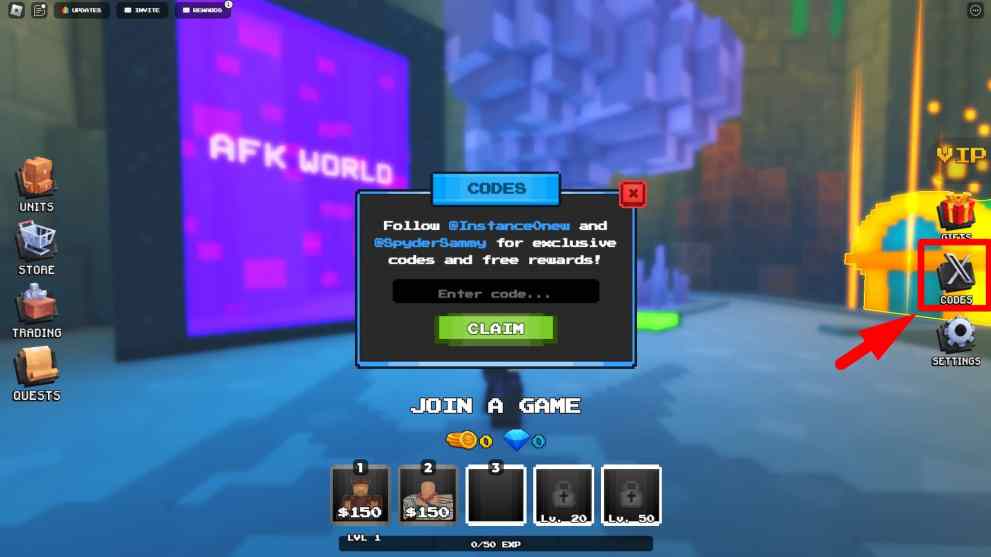 Codes redemption menu in Pixel Tower Defense Roblox experience