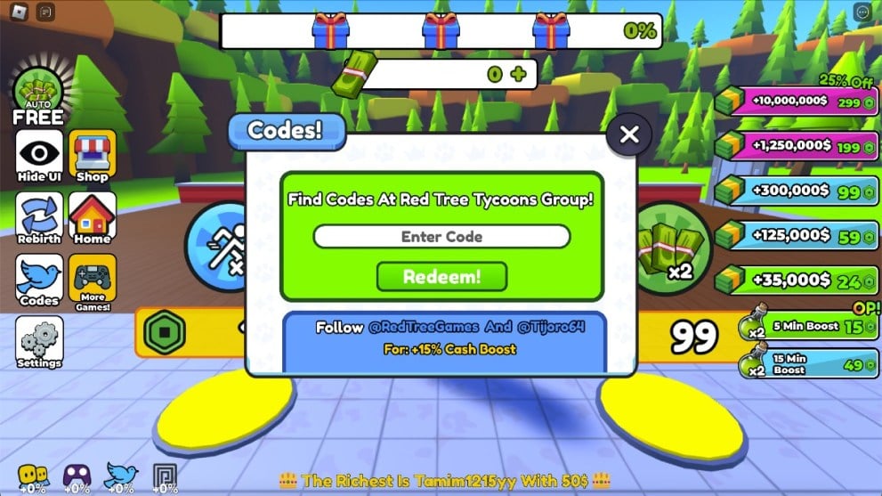 The code redemption screen in Pizzeria Tycoon 2.