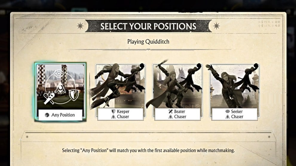 Position selection menu in Harry Potter Quidditch Champions